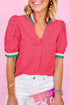 Southern Belle Colorful Trim V-Neck Puff Sleeve Blouse